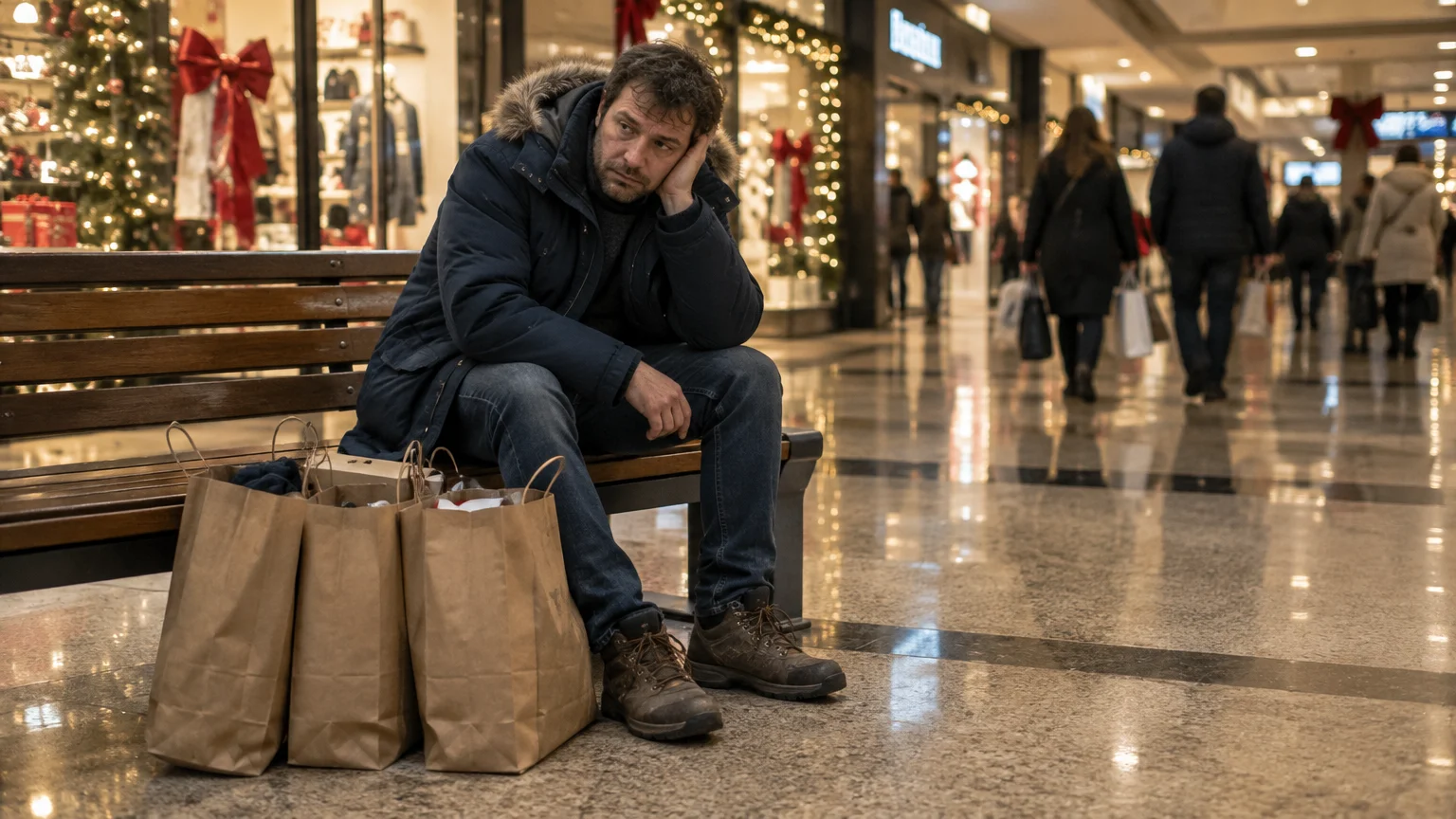 Tired man sitting on a bench in a decorated shopping mall surrounded by brown paper gift bags.