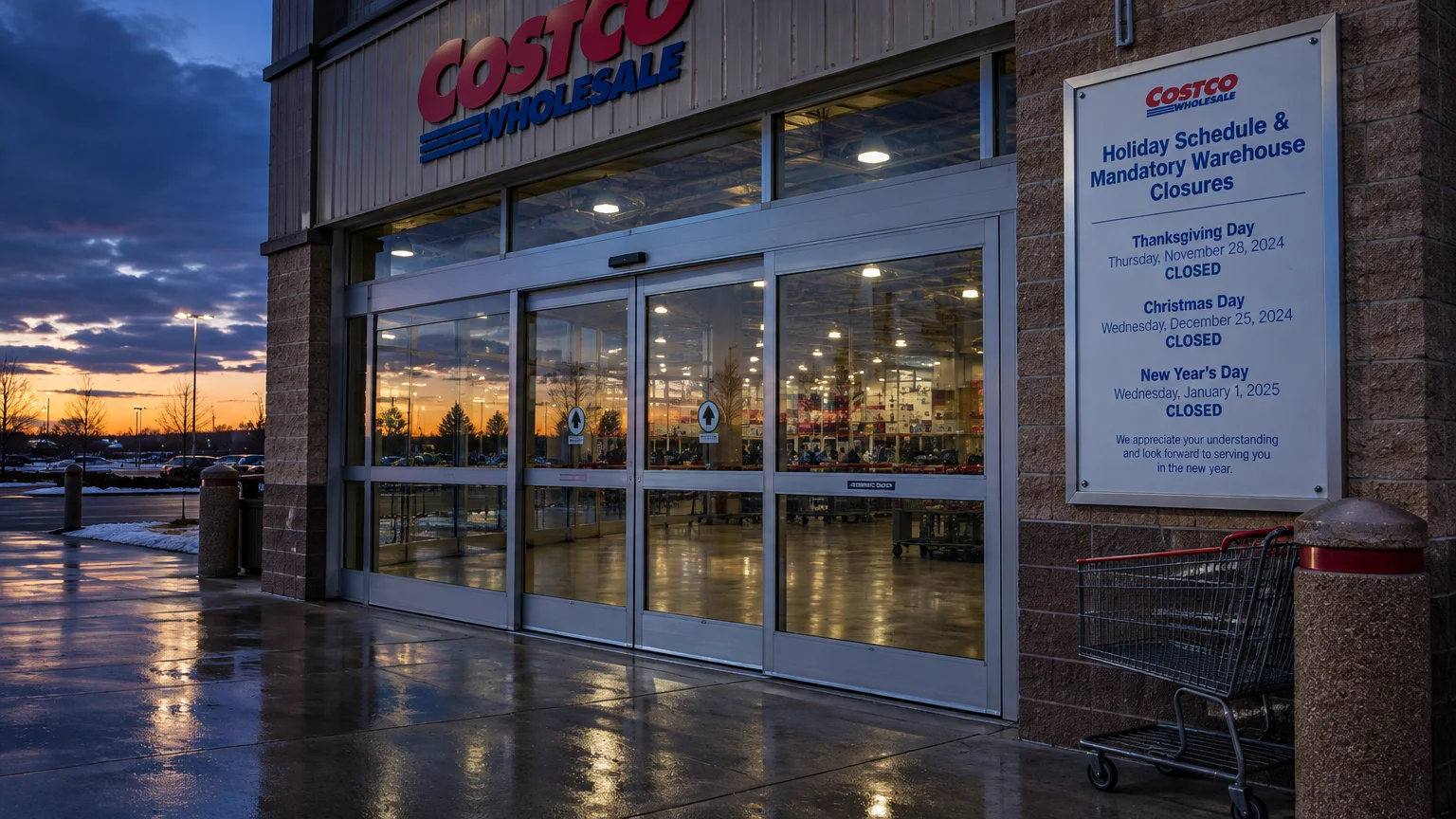 Sign outside a Costco entrance listing holiday warehouse closures beside sliding glass doors and a shopping cart.
