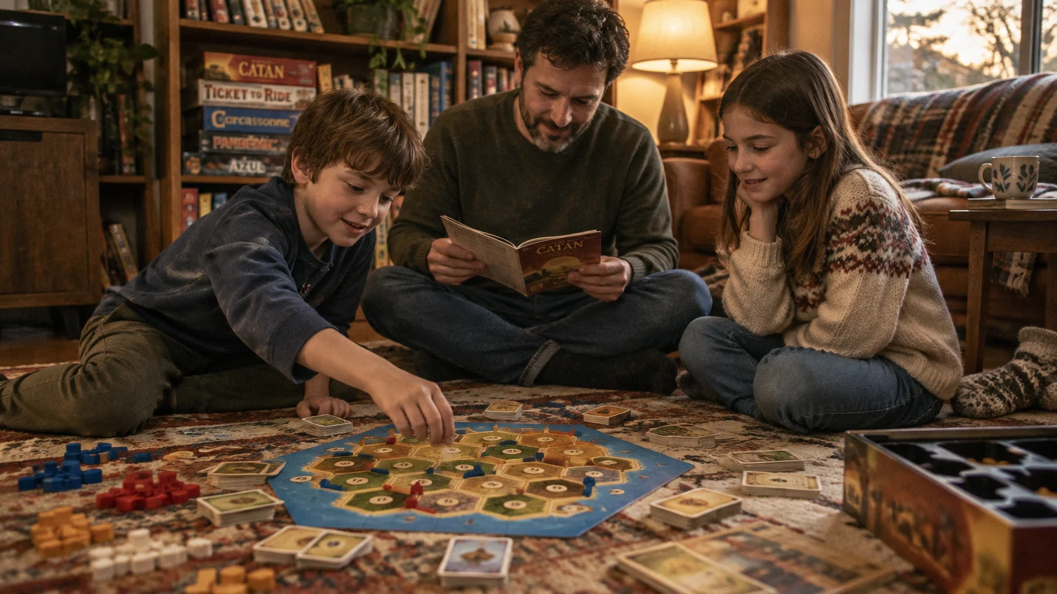 A father and two children sit on a patterned rug playing a board game with cards and colorful pieces.