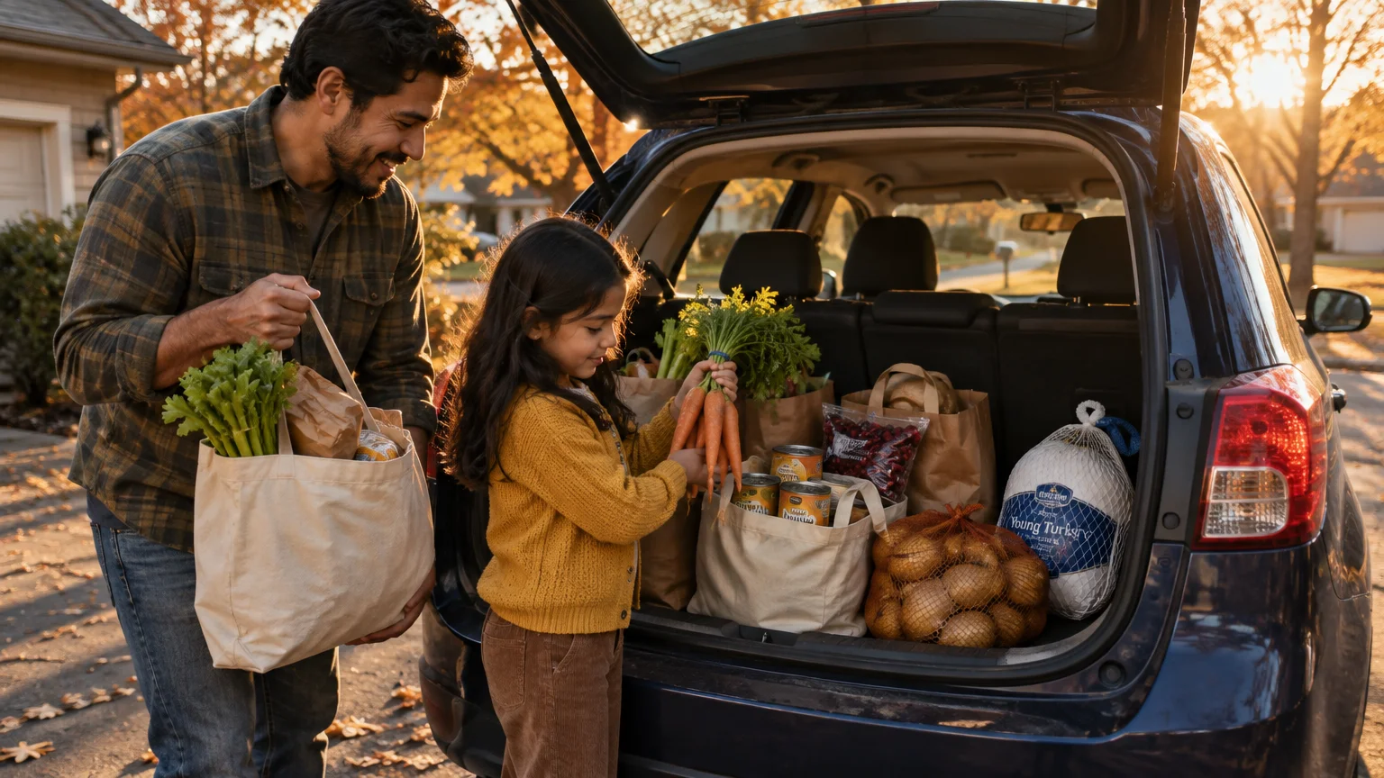 A man and young girl unload groceries, including a frozen turkey, carrots, and potatoes, from an SUV trunk outdoors.
