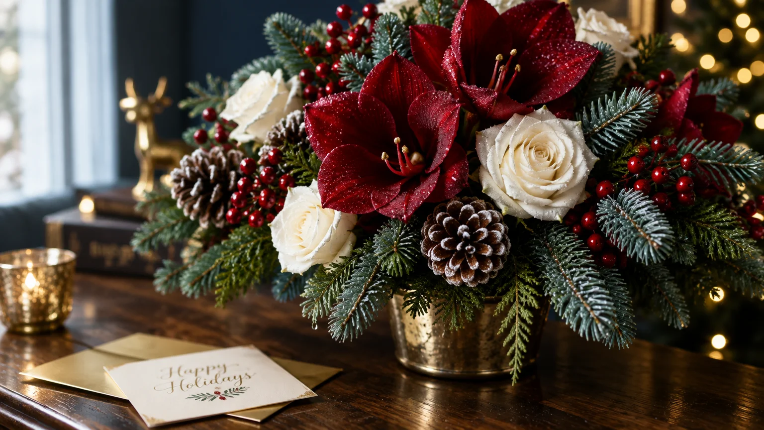 Holiday floral centerpiece of red amaryllis, white roses, pine branches, and pinecones beside a Happy Holidays card.