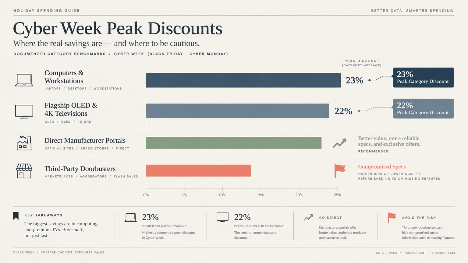 Horizontal bar chart comparing Cyber Week peak discount benchmarks, highlighting 23% off computers and 22% off televisions.