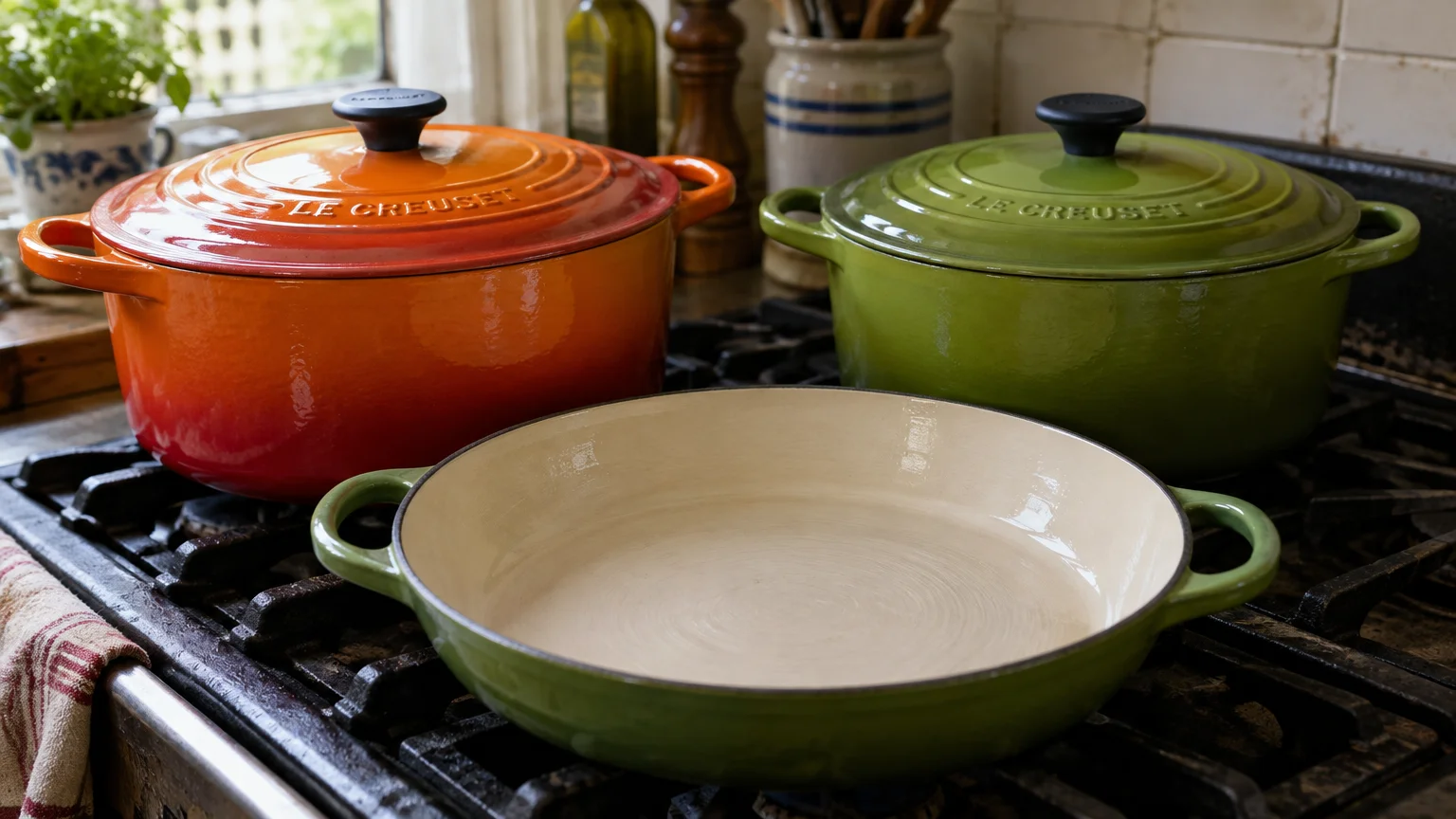 Orange and green Le Creuset enamelled cast-iron Dutch ovens and a green skillet arranged on a black stovetop.