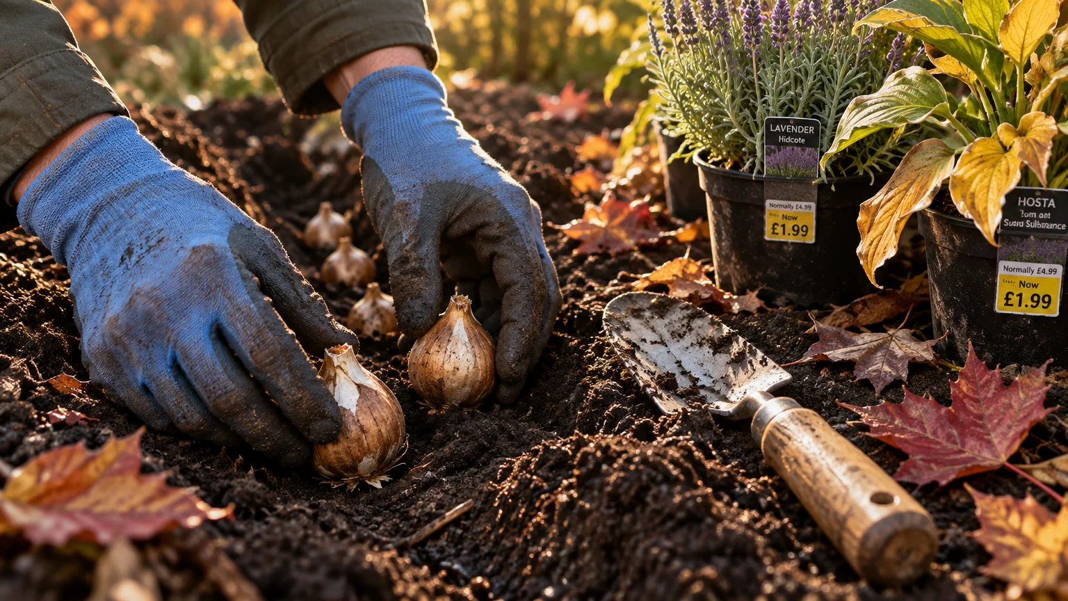 Gloved hands planting flower bulbs in dark soil next to a garden trowel and potted clearance plants with sale tags.