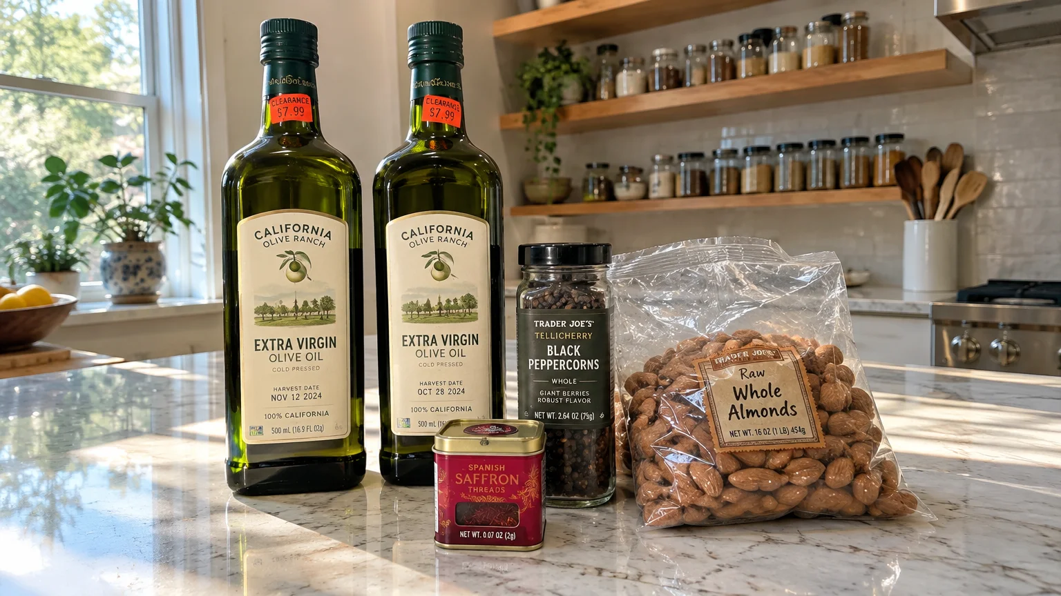 Two clearance olive oil bottles, black peppercorns, saffron tin, and a bag of raw almonds on a marble counter.