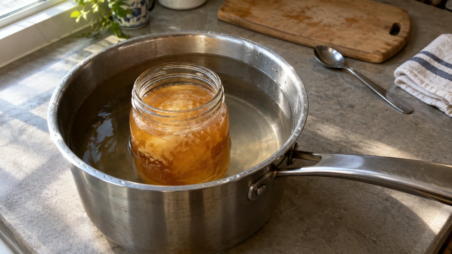 An open glass jar of crystallized honey sits submerged in a pot of water on a kitchen counter.