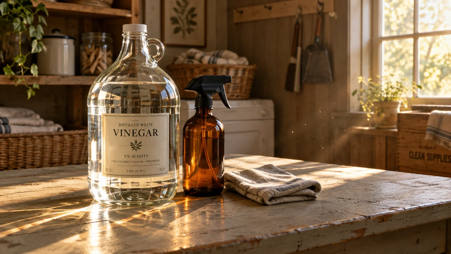 A large glass jug of distilled white vinegar sits beside an amber spray bottle and cloth towel on a sunlit wooden table.