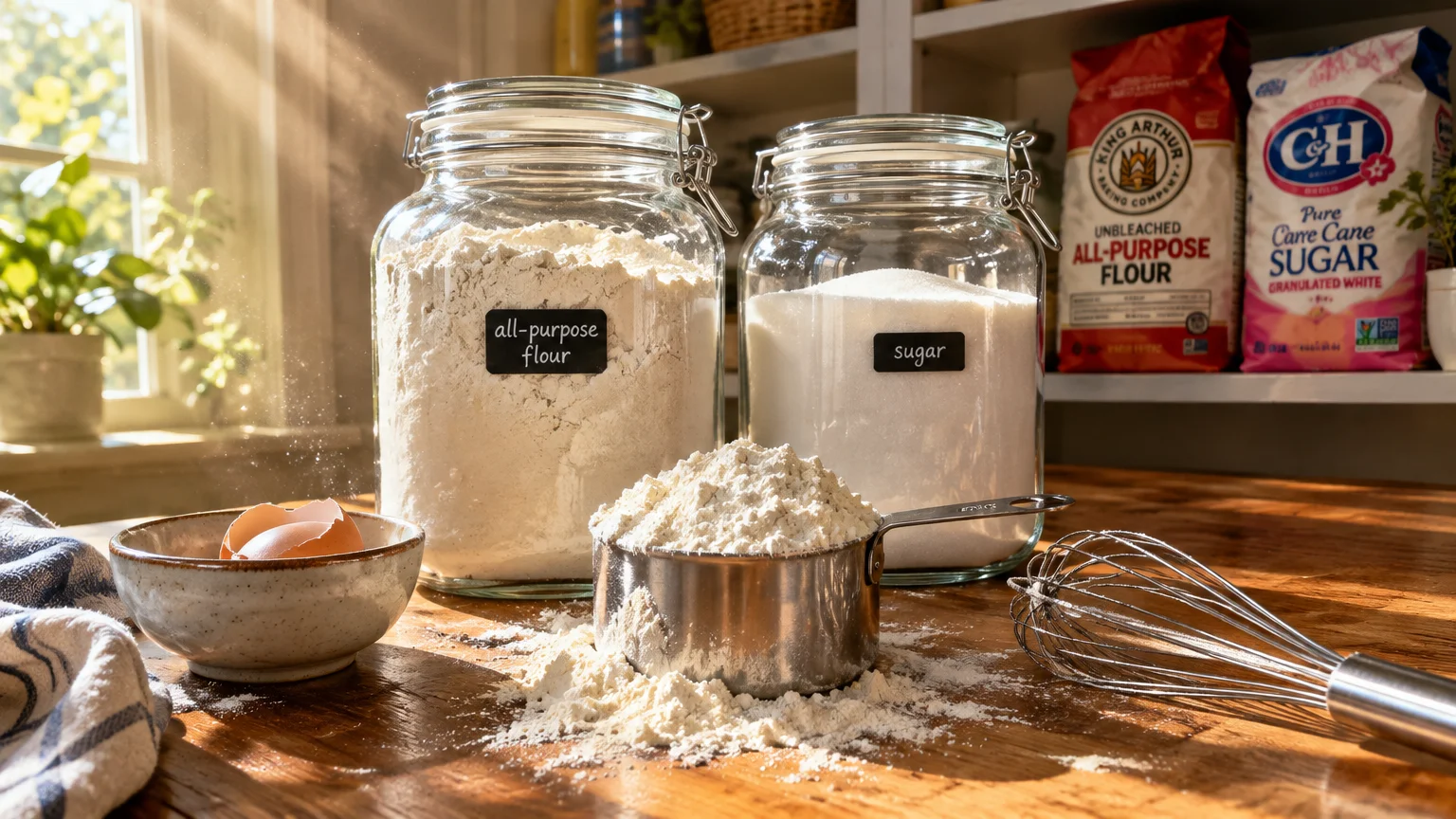 Glass jars of flour and sugar on a wooden counter beside an overflowing measuring cup, whisk, and eggshells.