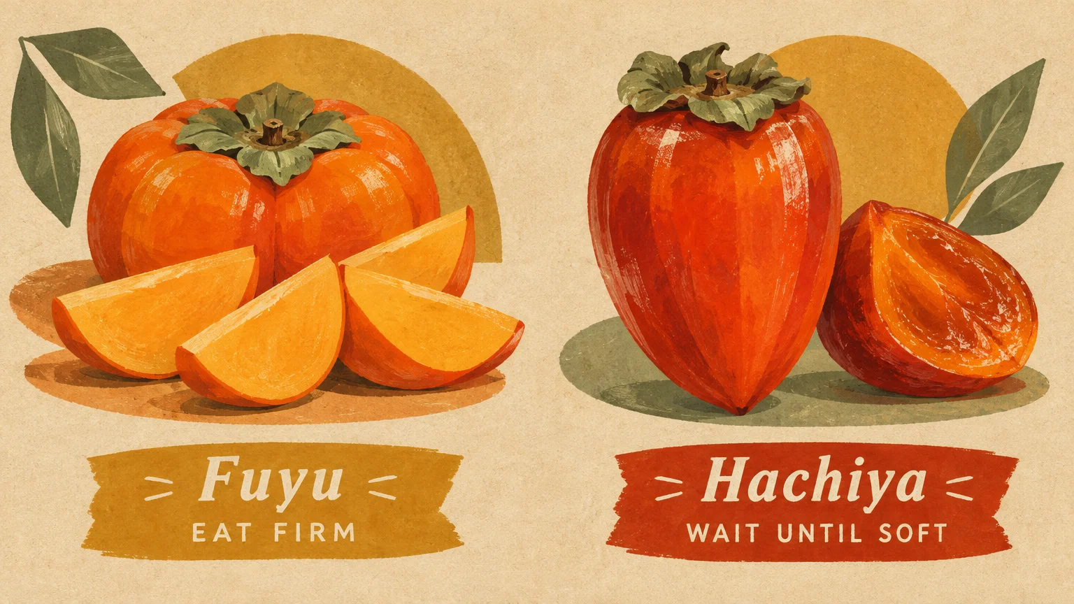 Illustration comparing a squat Fuyu persimmon labeled Eat Firm with an elongated Hachiya persimmon labeled Wait Until Soft.