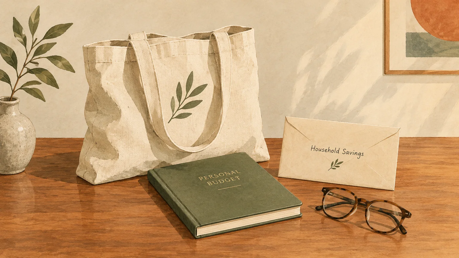 Canvas tote bag, personal budget book, household savings envelope, and glasses arranged on a wooden desk.