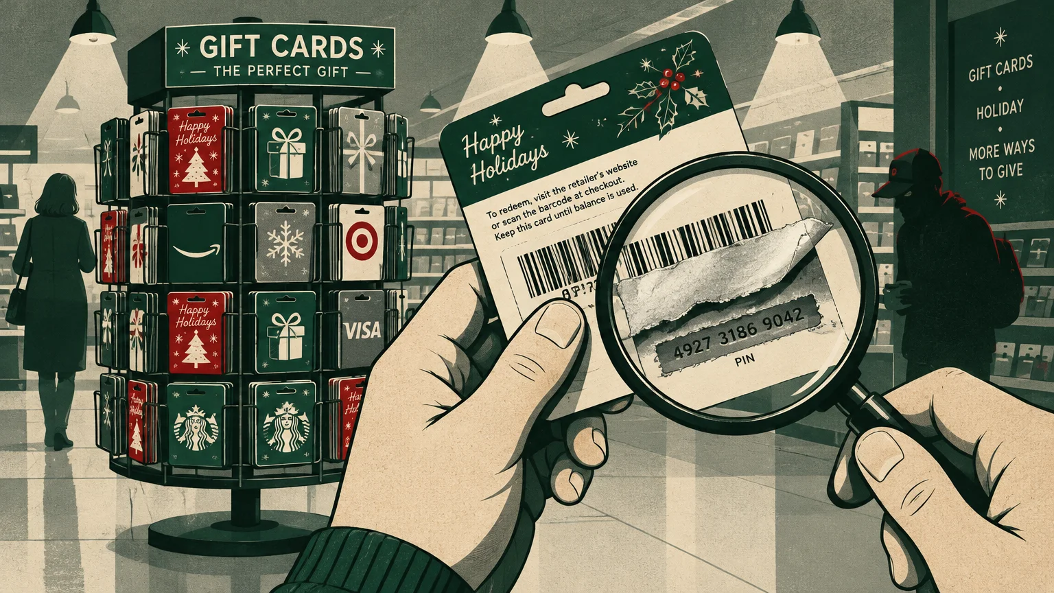 Illustration of hands holding a magnifying glass over a gift card showing a peeled barcode sticker revealing a PIN.