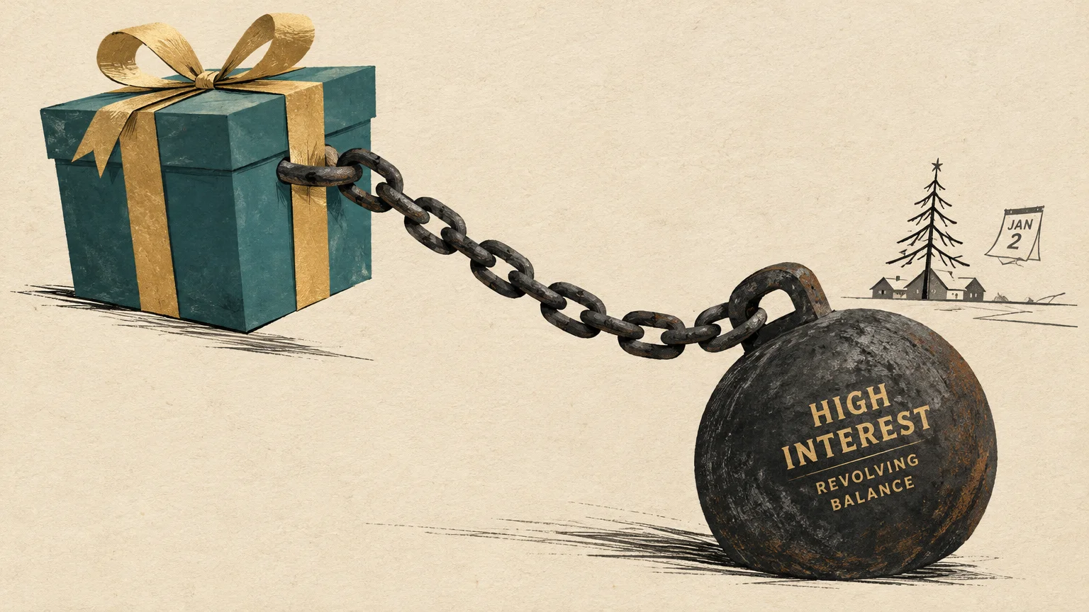 Illustration of a teal gift box chained to a heavy iron ball labeled high interest revolving balance.