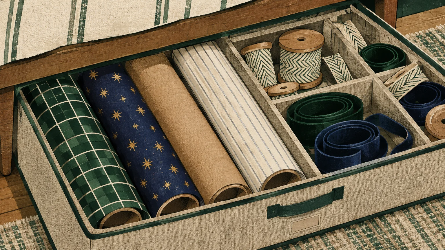 Illustration of an under-bed storage organizer filled with assorted rolls of wrapping paper and spools of ribbon.