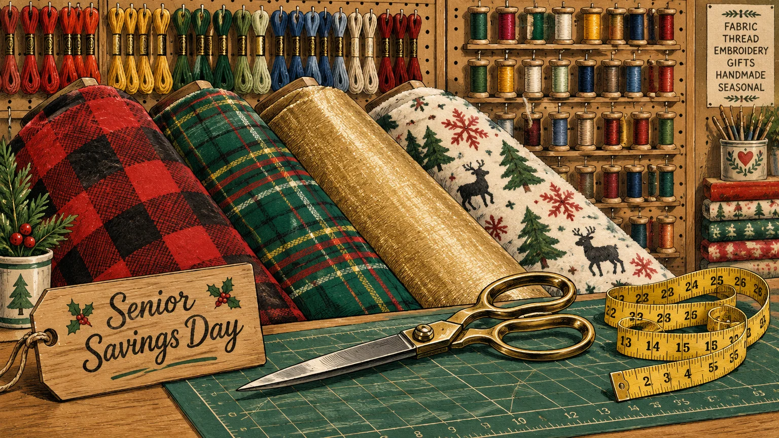 Illustration of fabric bolts, thread spools, scissors, measuring tape, and a wooden tag reading Senior Savings Day.