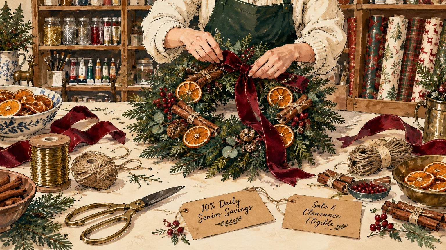 Person crafting a holiday wreath with dried oranges and ribbon near scissors and tags on a workshop table.
