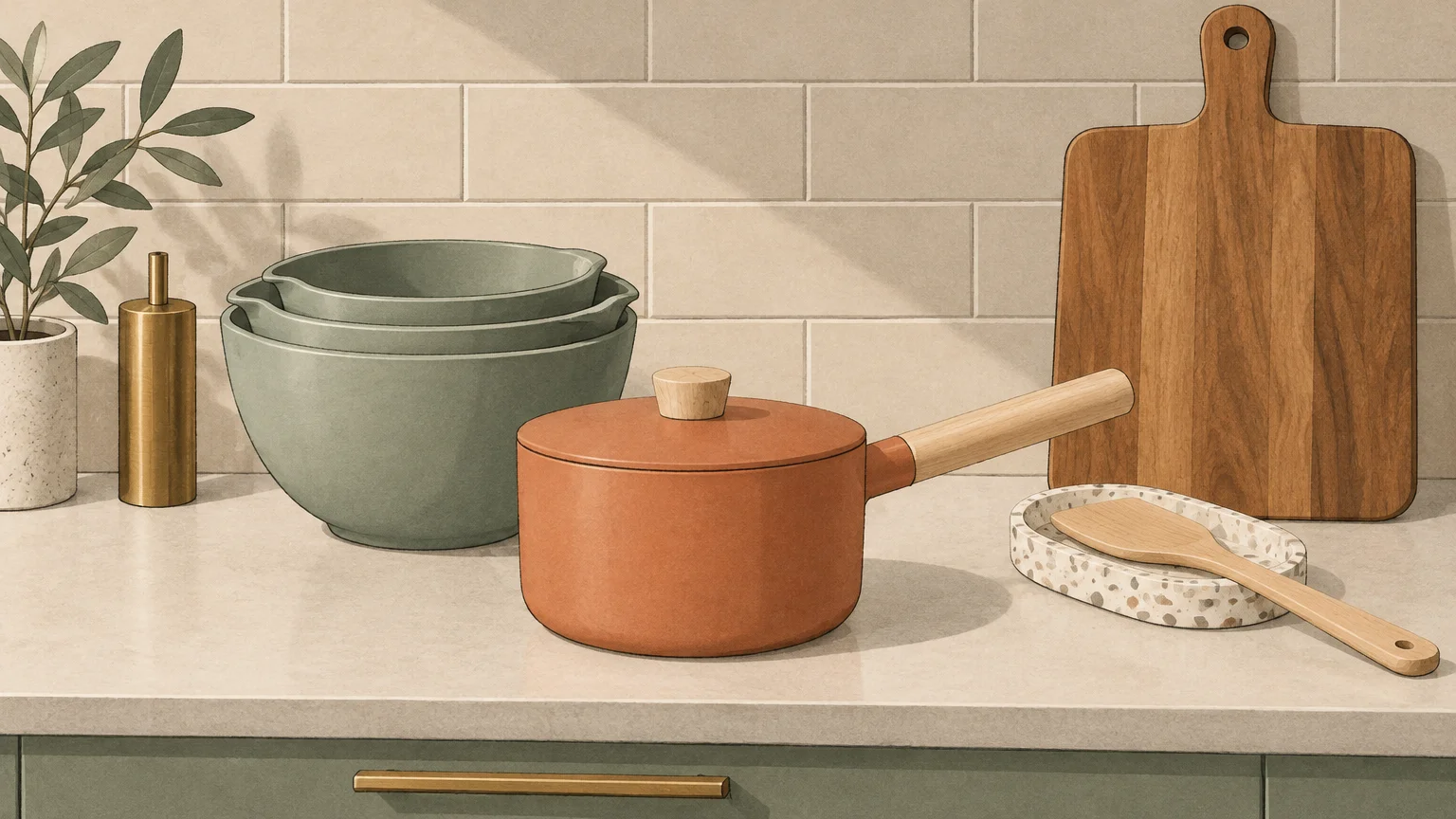 Illustration of a kitchen counter with stacked green mixing bowls, an orange saucepan, and a wooden cutting board.
