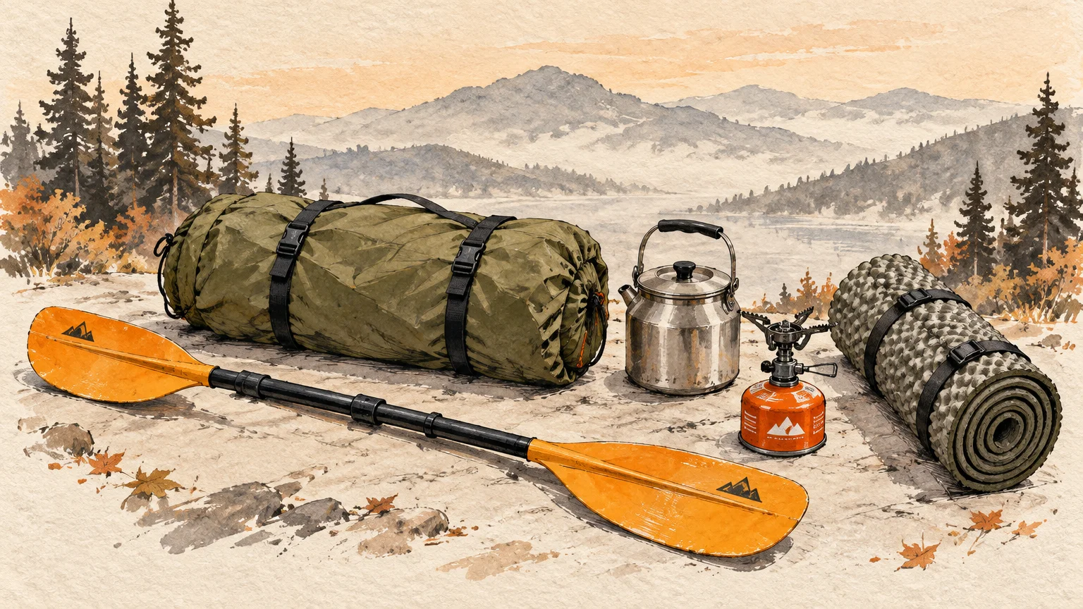 Illustration of outdoor camping gear, including a kayak paddle, tent roll, sleeping pad, kettle, and camp stove.