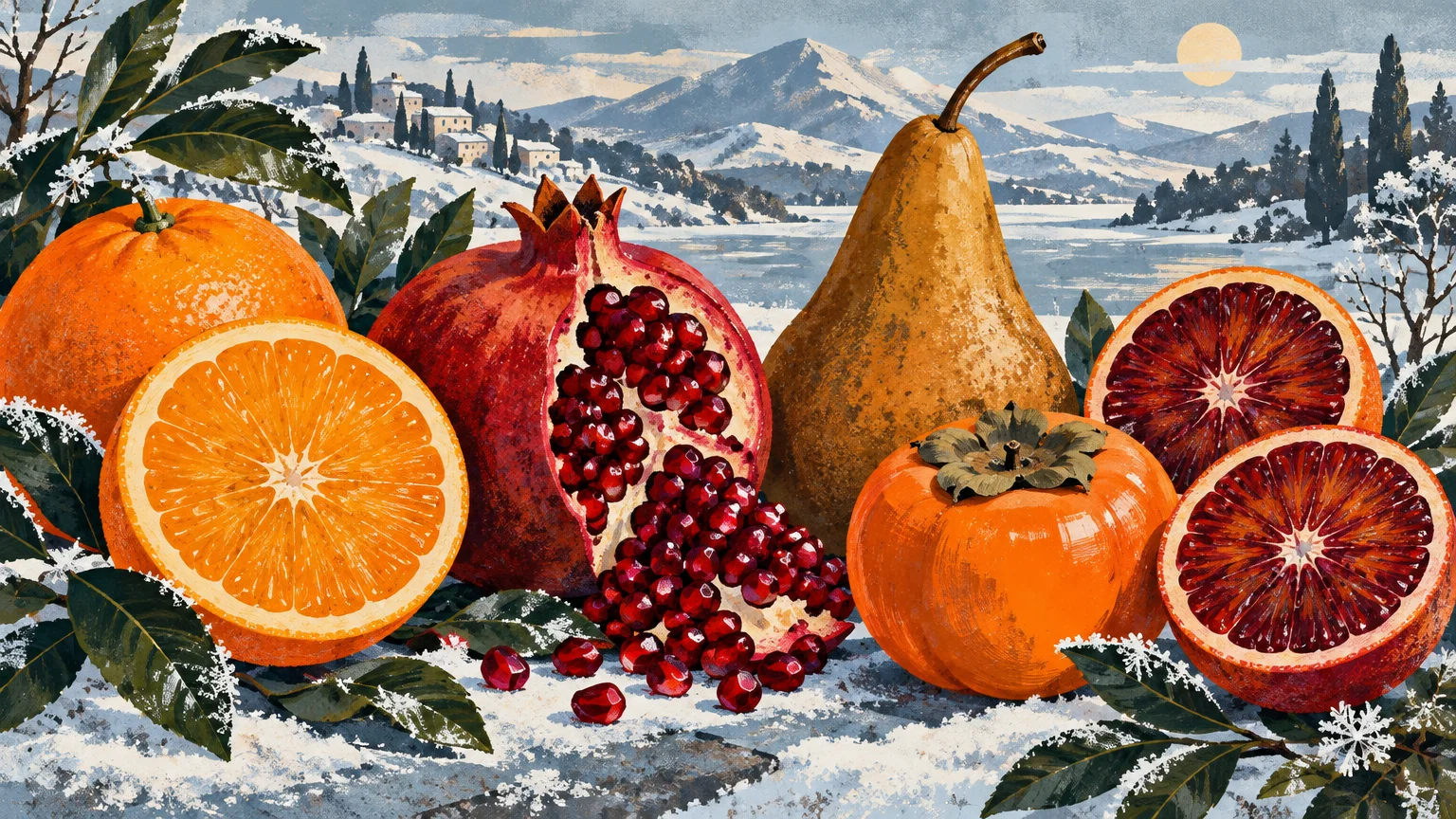 Illustration of oranges, blood oranges, a pomegranate, a pear, and a persimmon resting on snow before winter mountains.