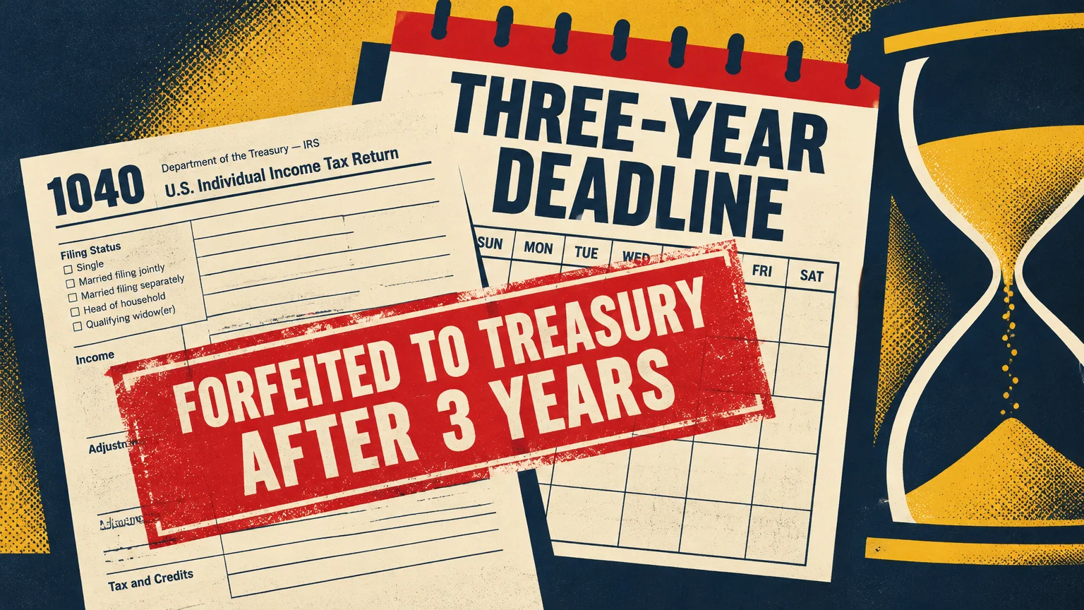Illustration of a Form 1040, a calendar reading Three-Year Deadline, a red stamp, and an hourglass.