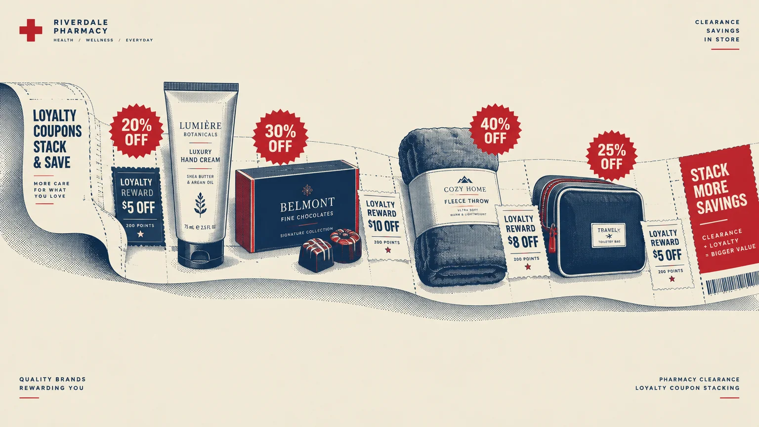 Illustration of pharmacy receipt ribbon displaying products, discount badges, and loyalty reward coupons.