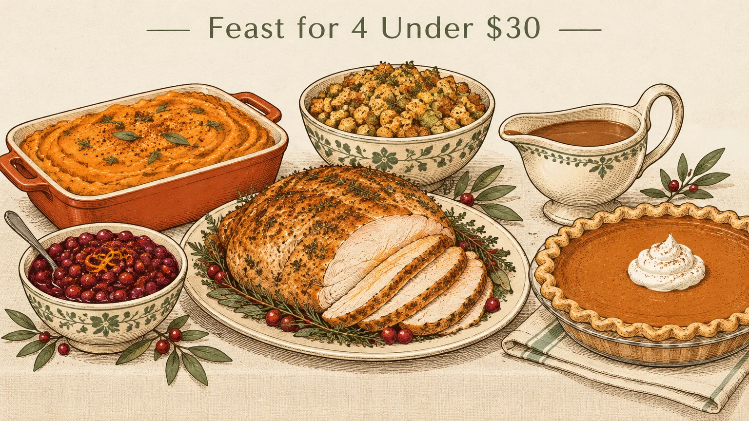 Illustration of roast turkey, stuffing, cranberry sauce, gravy, sweet potatoes, and pie with Feast for 4 Under $30 text.