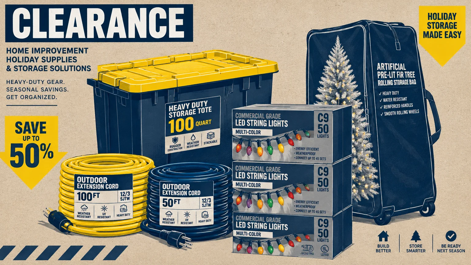 Illustration of holiday storage bins, heavy-duty extension cords, string lights, and a tree storage bag beside a clearance sign.