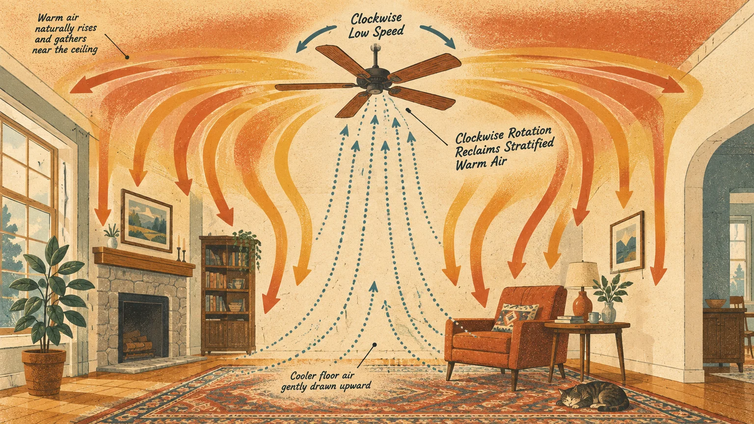 Diagram of a living room ceiling fan rotating clockwise, pulling cool air up and pushing warm air down along walls.