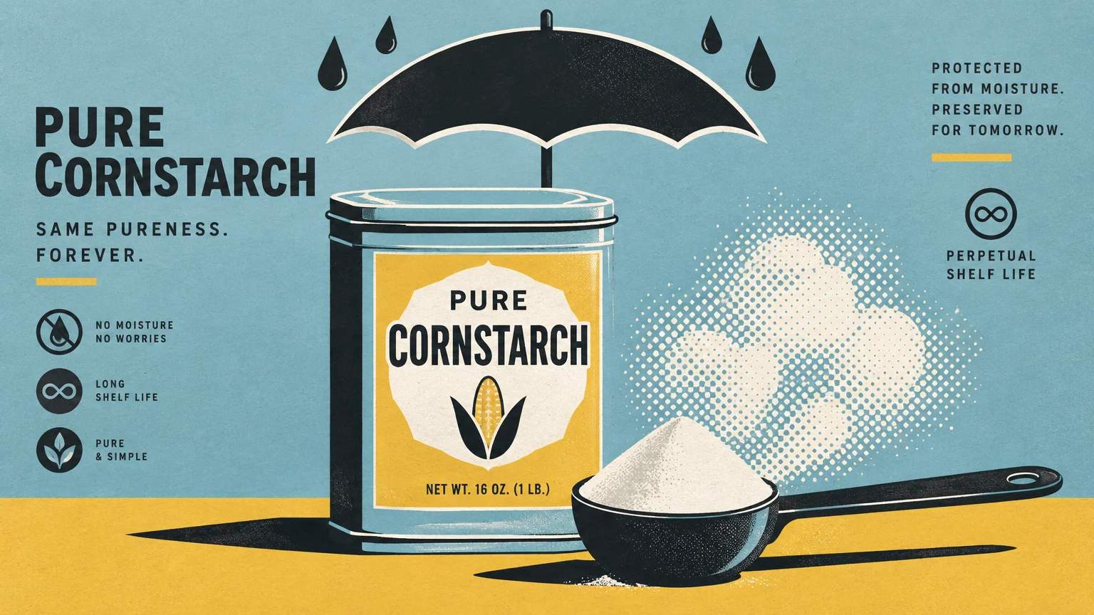 Illustration of a tin of pure cornstarch shielded under an umbrella from rain next to a filled measuring scoop.