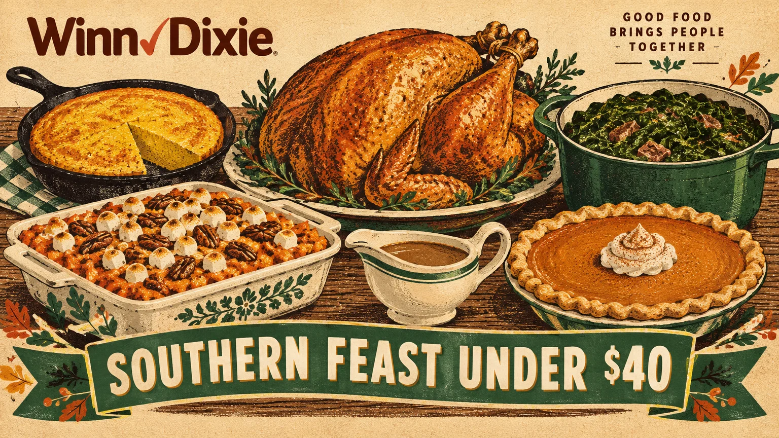 Illustration of a roasted turkey, cornbread, sweet potato casserole, greens, pie, and gravy with Winn-Dixie branding.