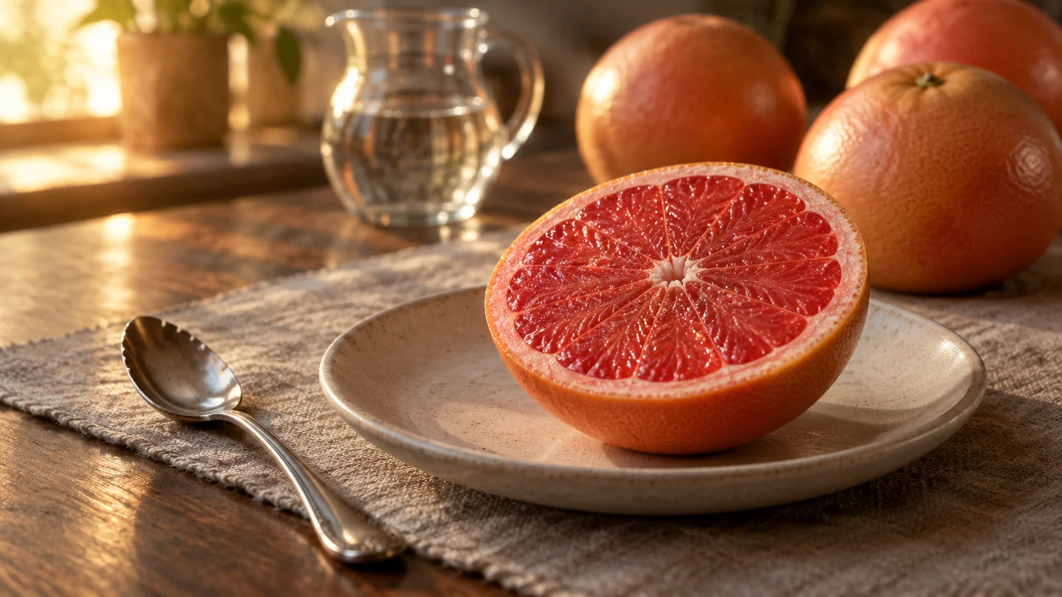 A halved ruby red grapefruit on a small ceramic plate beside a grapefruit spoon, with whole grapefruits in the background.