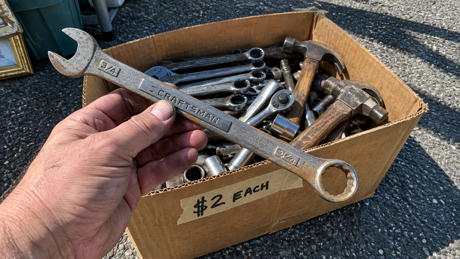 Hand holding a vintage Craftsman combination wrench over a cardboard box filled with used hammers, sockets, and wrenches.