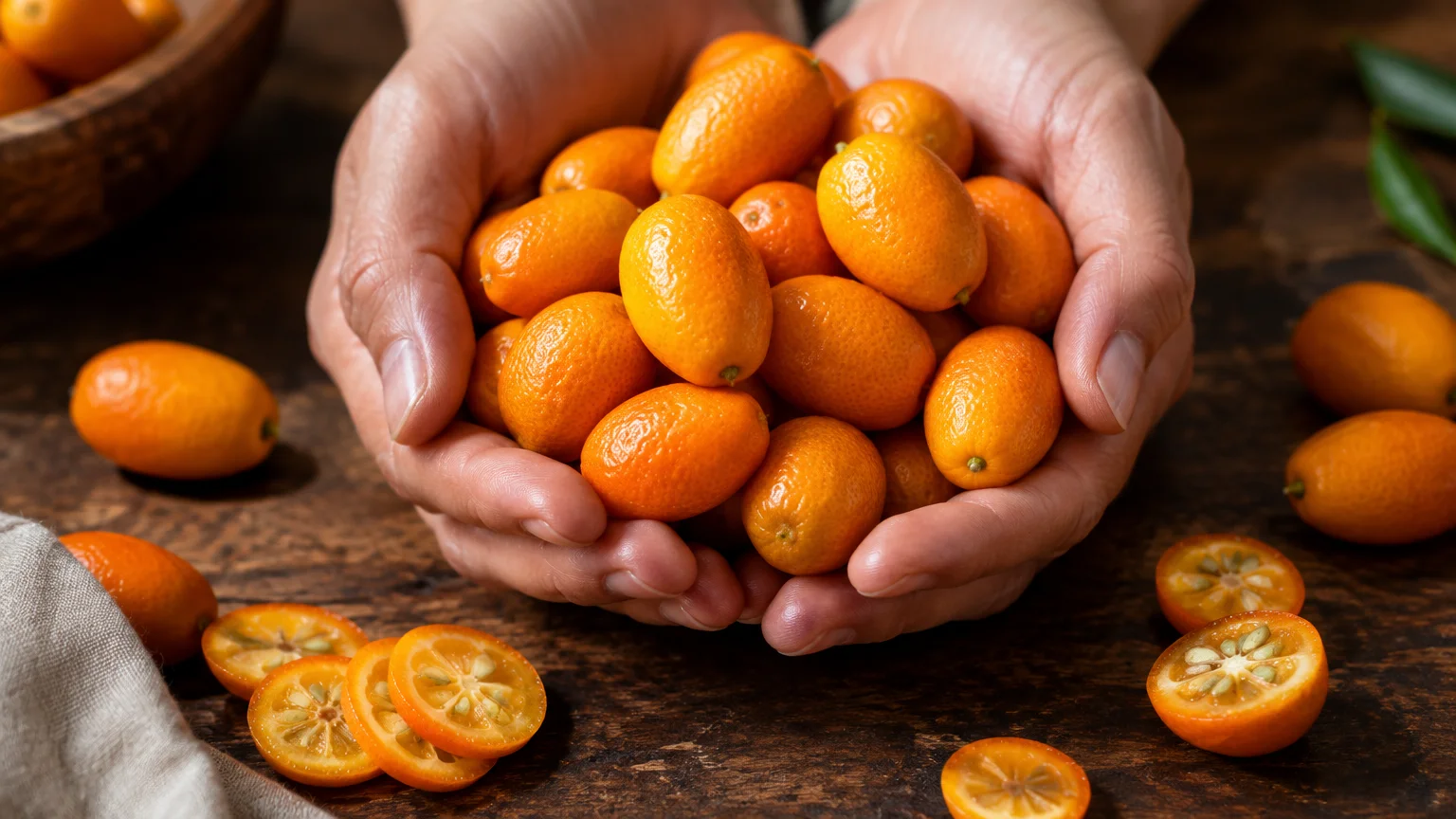 Two hands holding a pile of fresh, oval kumquats over a dark wooden table with sliced kumquats in the foreground.
