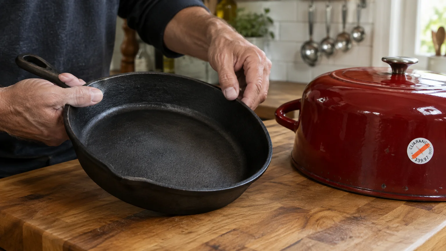 Hands holding up a black cast iron skillet next to a red enameled Dutch oven marked with a clearance sticker.