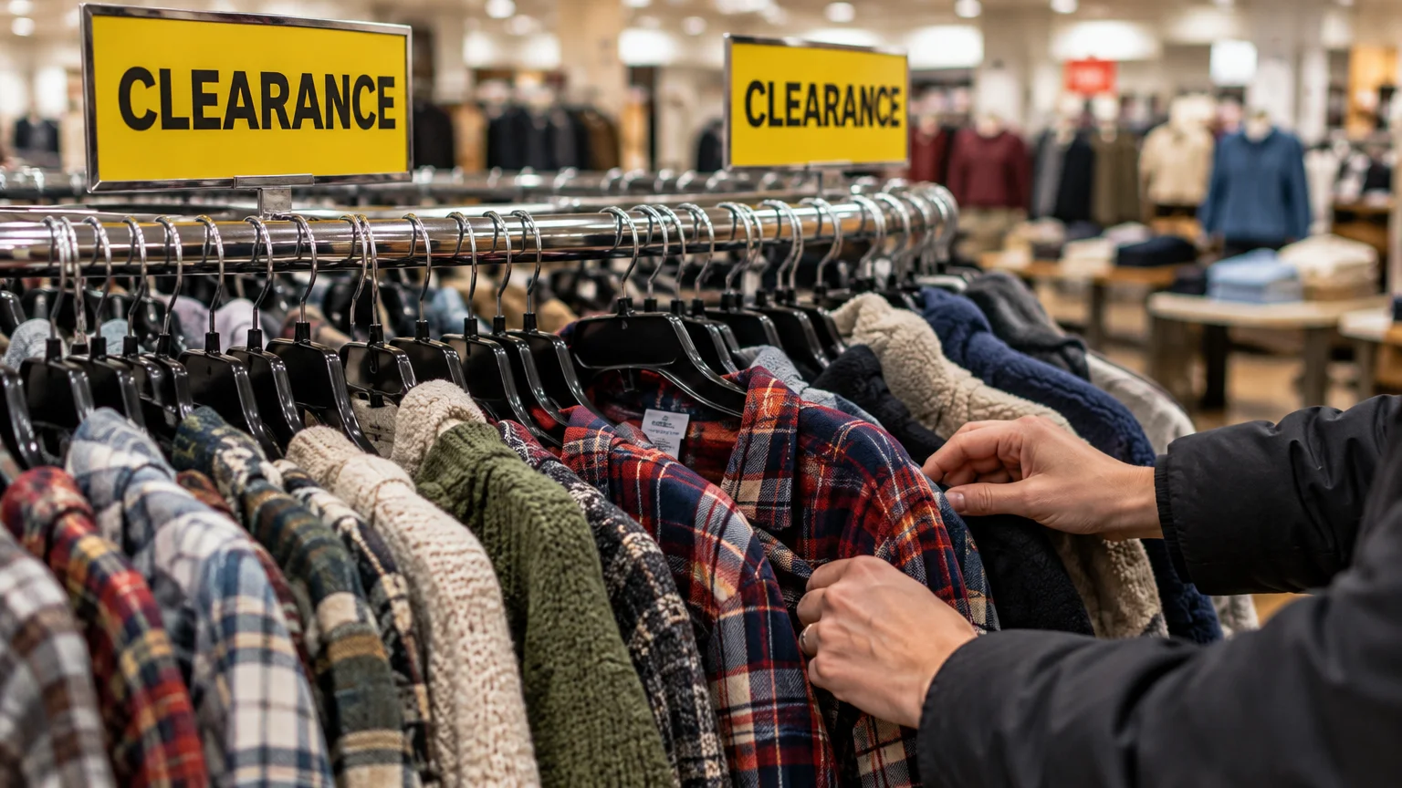 Hands browsing plaid shirts and fleece jackets hanging on a store rack beneath yellow clearance signs.
