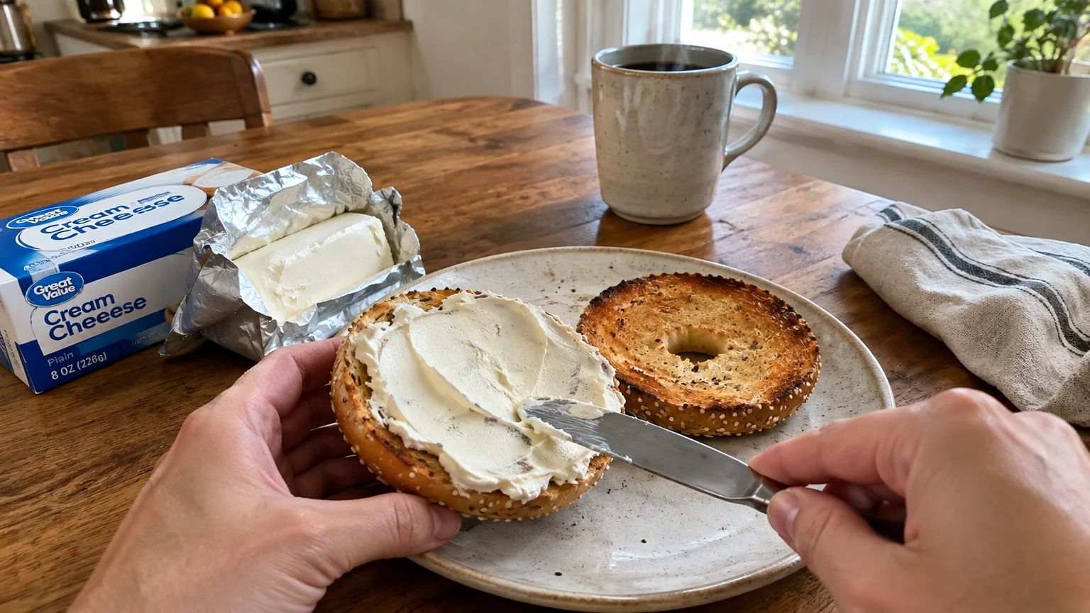 Person spreading cream cheese on a toasted bagel next to an opened Great Value cream cheese package and coffee mug.