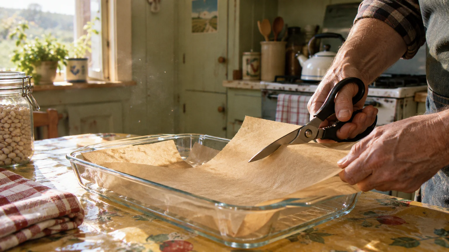 Hands cutting brown parchment paper with kitchen shears over a clear glass baking dish on a table.