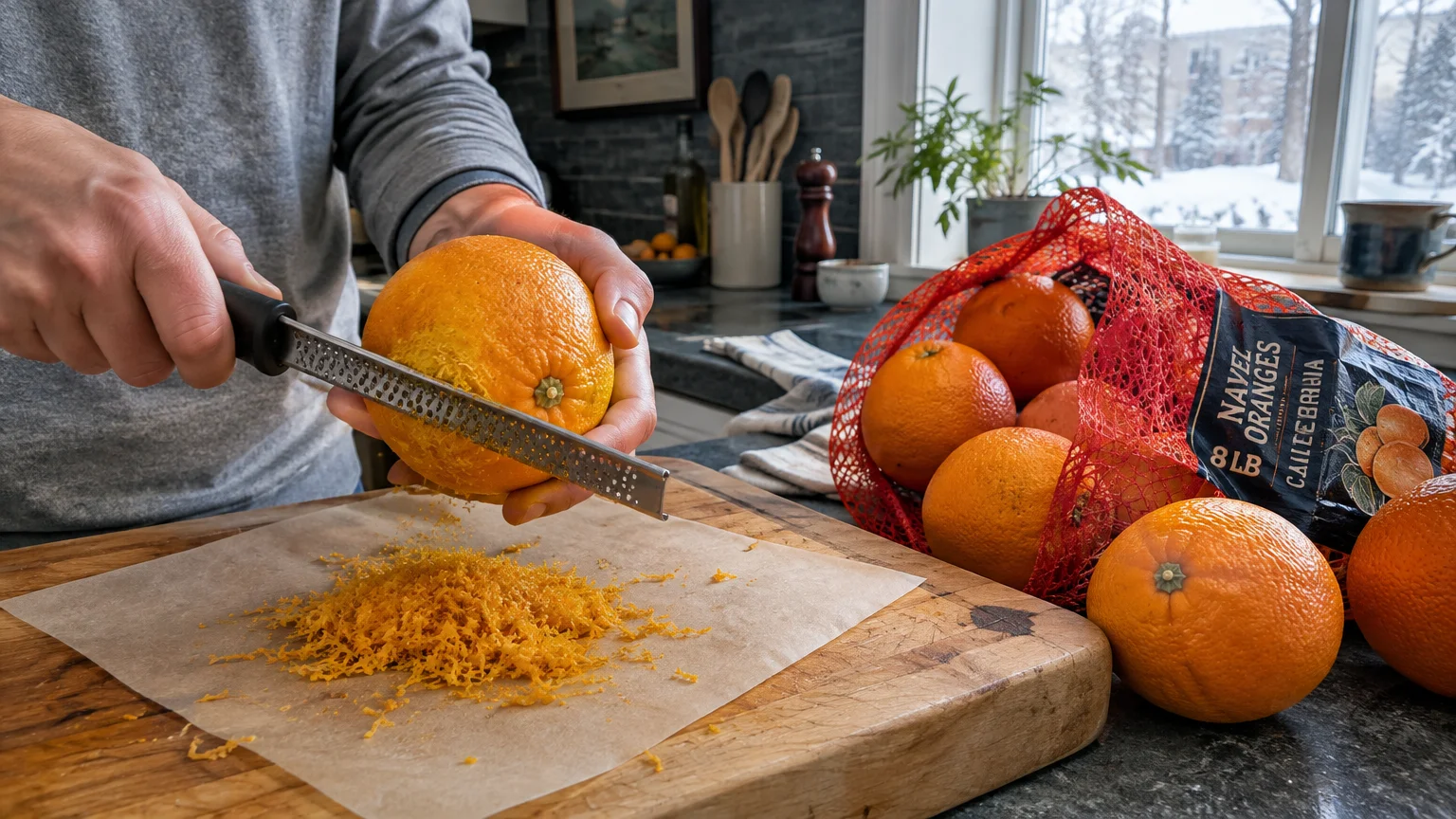 A person zests a navel orange over parchment paper next to a red mesh eight-pound bag filled with oranges.