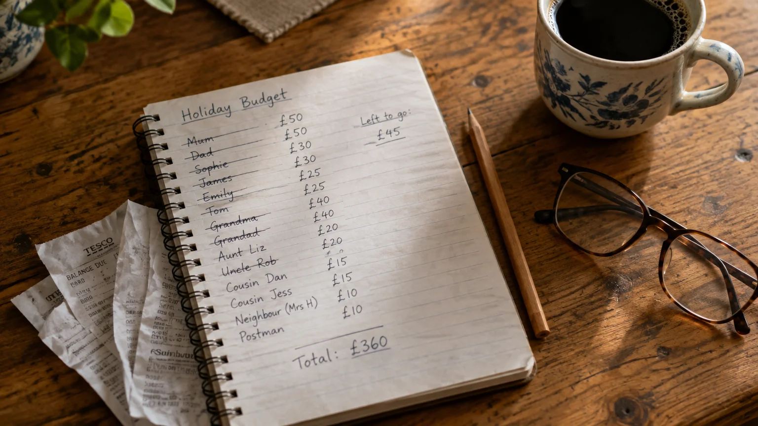 A handwritten holiday budget notebook on a wooden table beside receipts, a pencil, eyeglasses, and a cup of coffee.