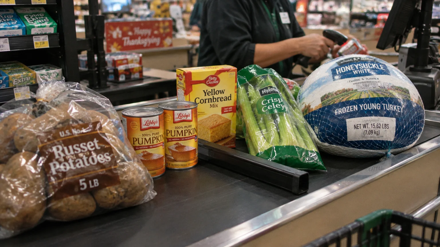 Thanksgiving groceries including a frozen turkey, celery, cornbread mix, canned pumpkin, and potatoes on a supermarket conveyor belt.