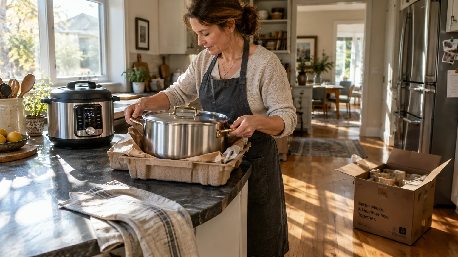 Woman in an apron unboxing a large stainless steel cooking pot next to an electric multi-cooker on a kitchen island.