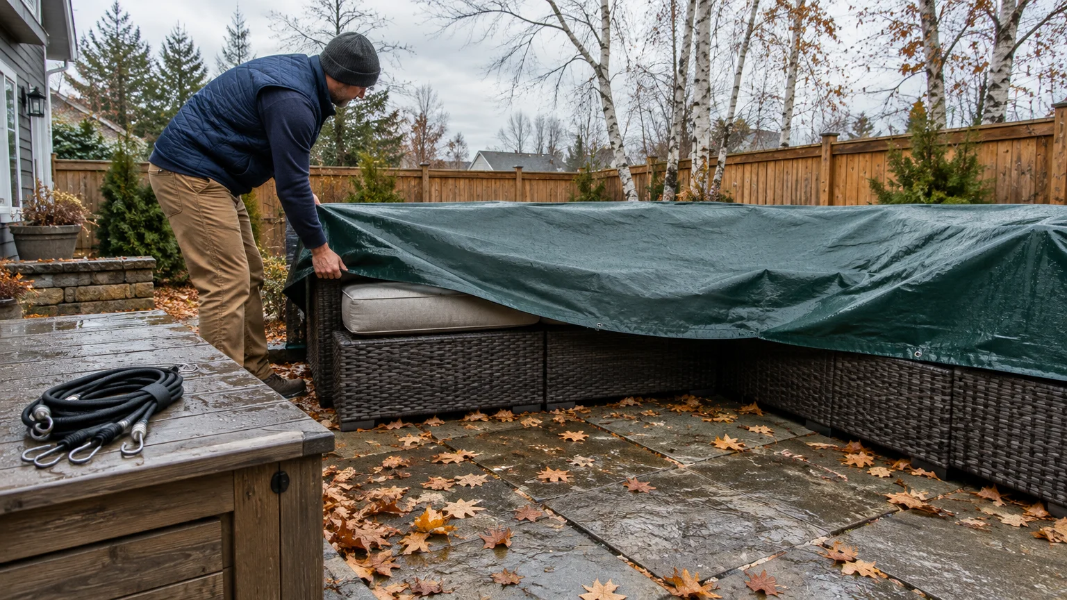 A man covers an outdoor wicker sectional sofa with a large green waterproof tarp on a wet patio with fallen leaves.
