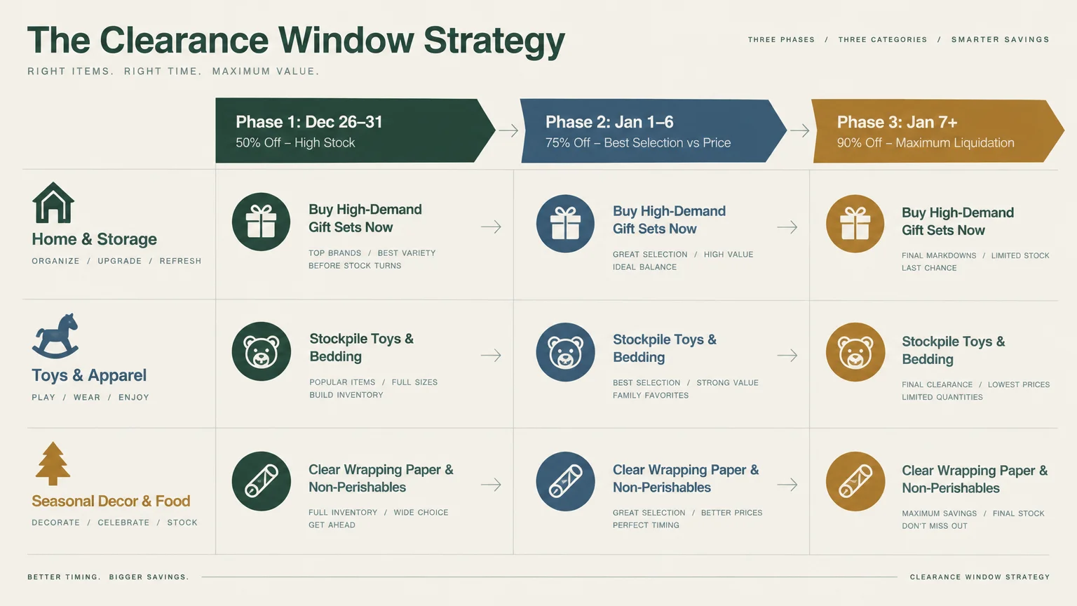 Diagram outlining a three-phase clearance strategy across home, toy, and seasonal categories from fifty to ninety percent off.