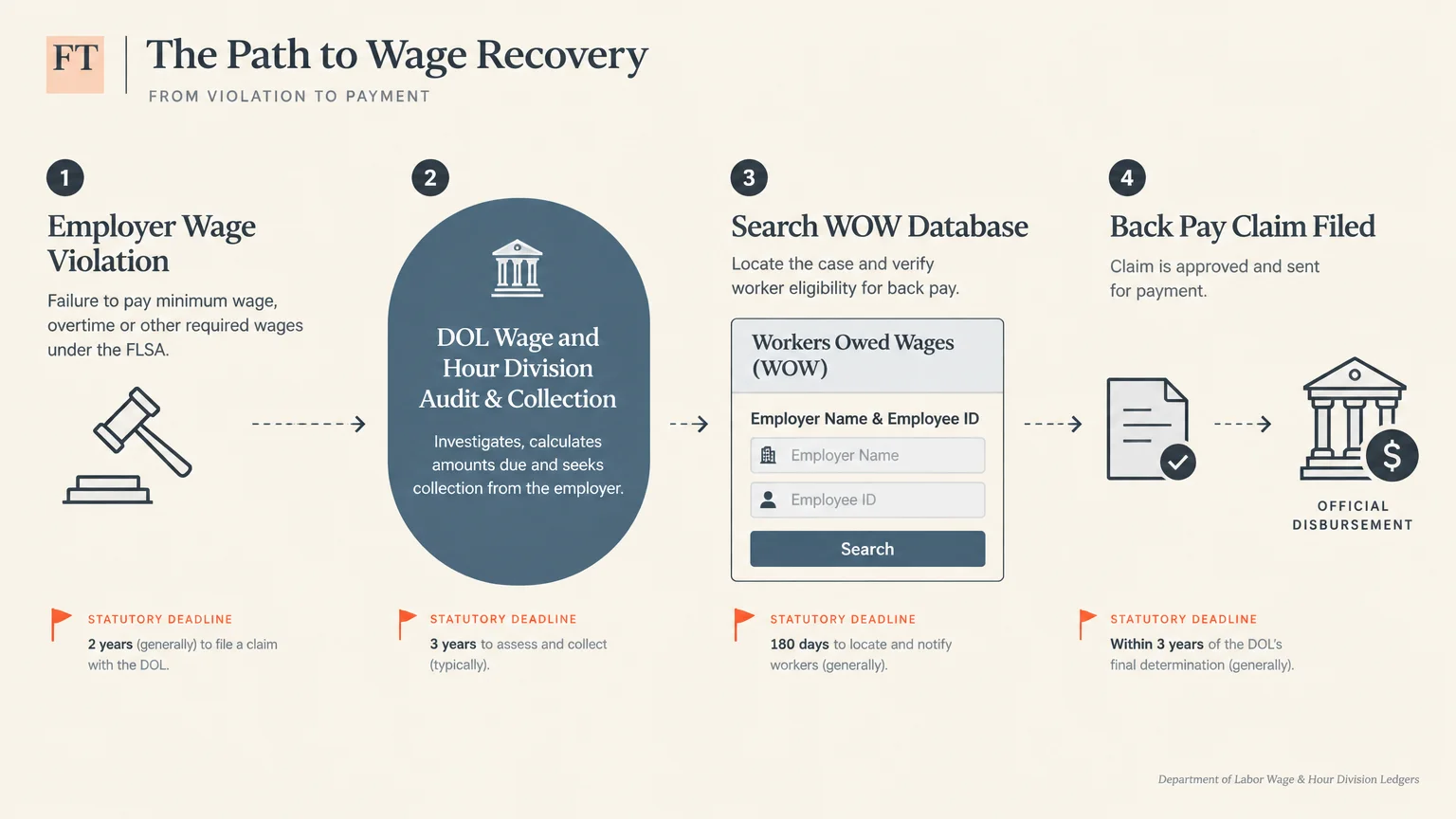 Four-step diagram titled The Path to Wage Recovery showing steps from wage violation to official disbursement.