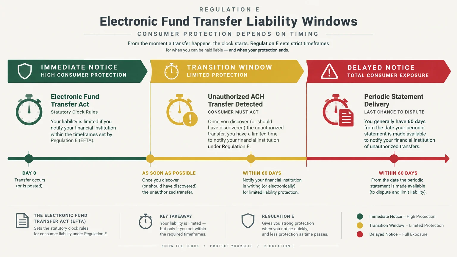 Diagram outlining Electronic Fund Transfer Act liability windows across immediate notice, transition, and delayed notice stages.