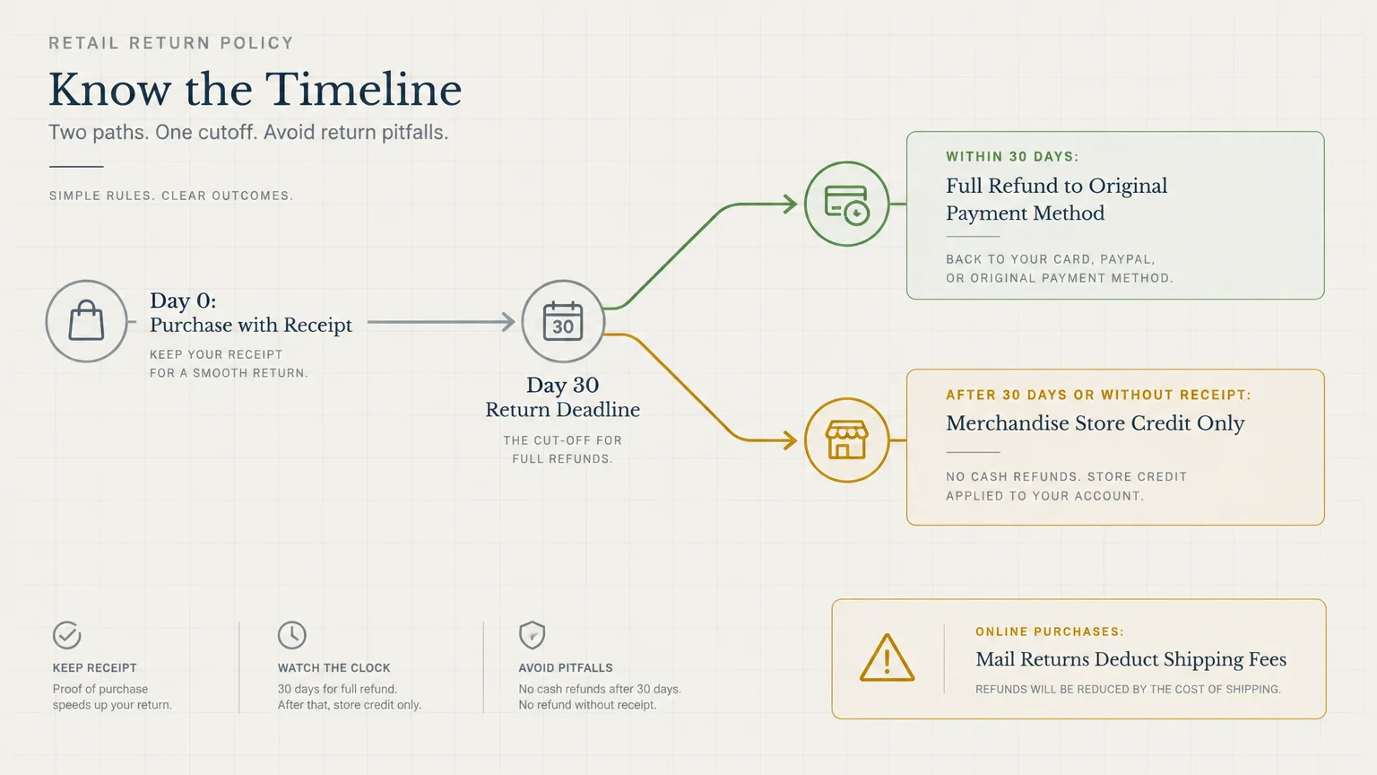 Diagram outlining retail return policy timelines, contrasting full refunds within 30 days versus merchandise credit after.