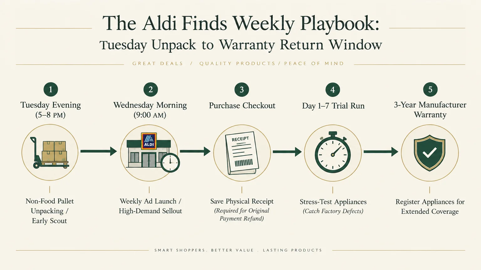 Diagram outlining a five-step Aldi weekly playbook timeline from Tuesday evening unpacking to warranty registration.