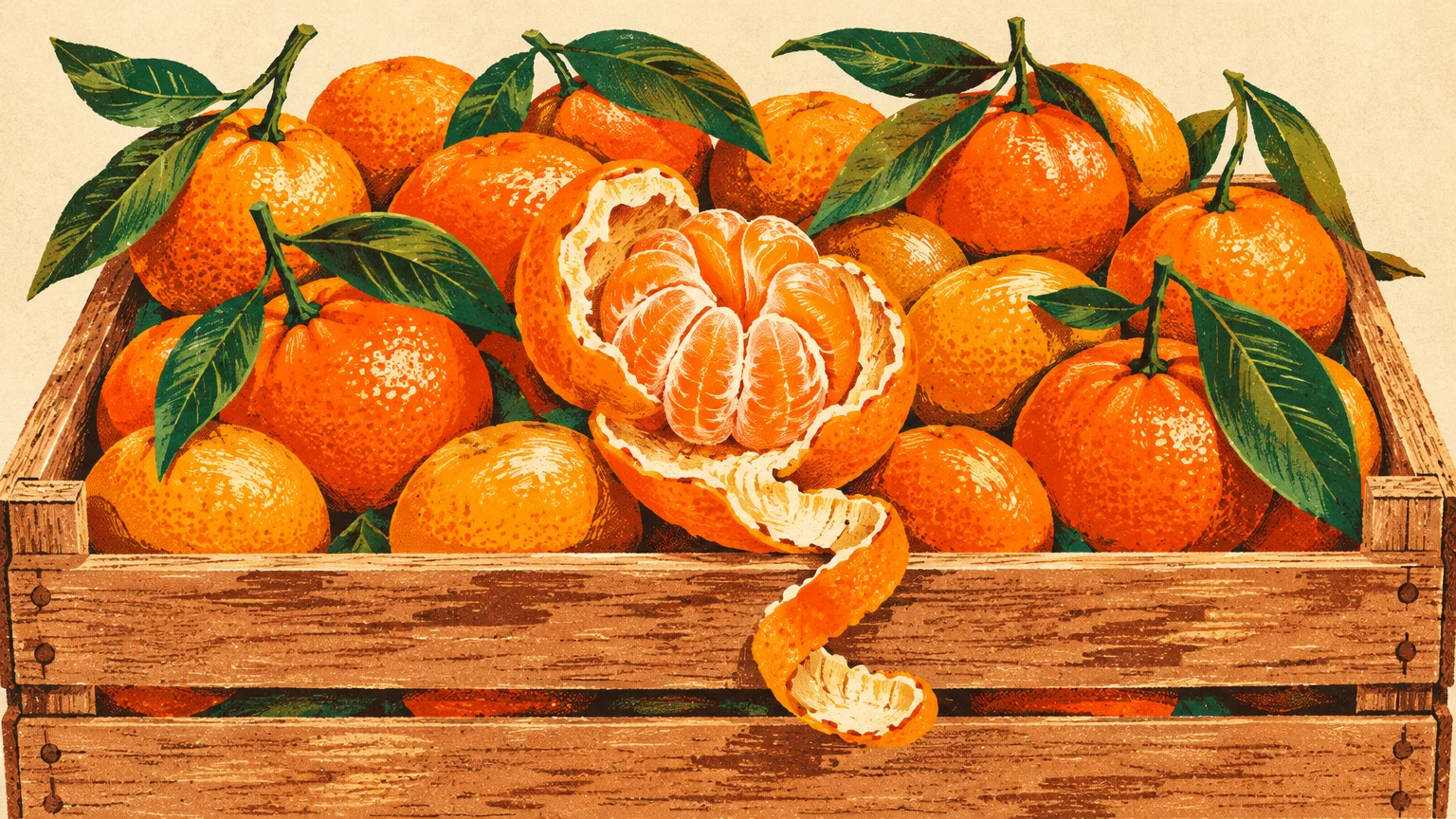 Illustration of ripe orange mandarins with green leaves filling a rustic wooden crate, featuring one peeled mandarin on top.
