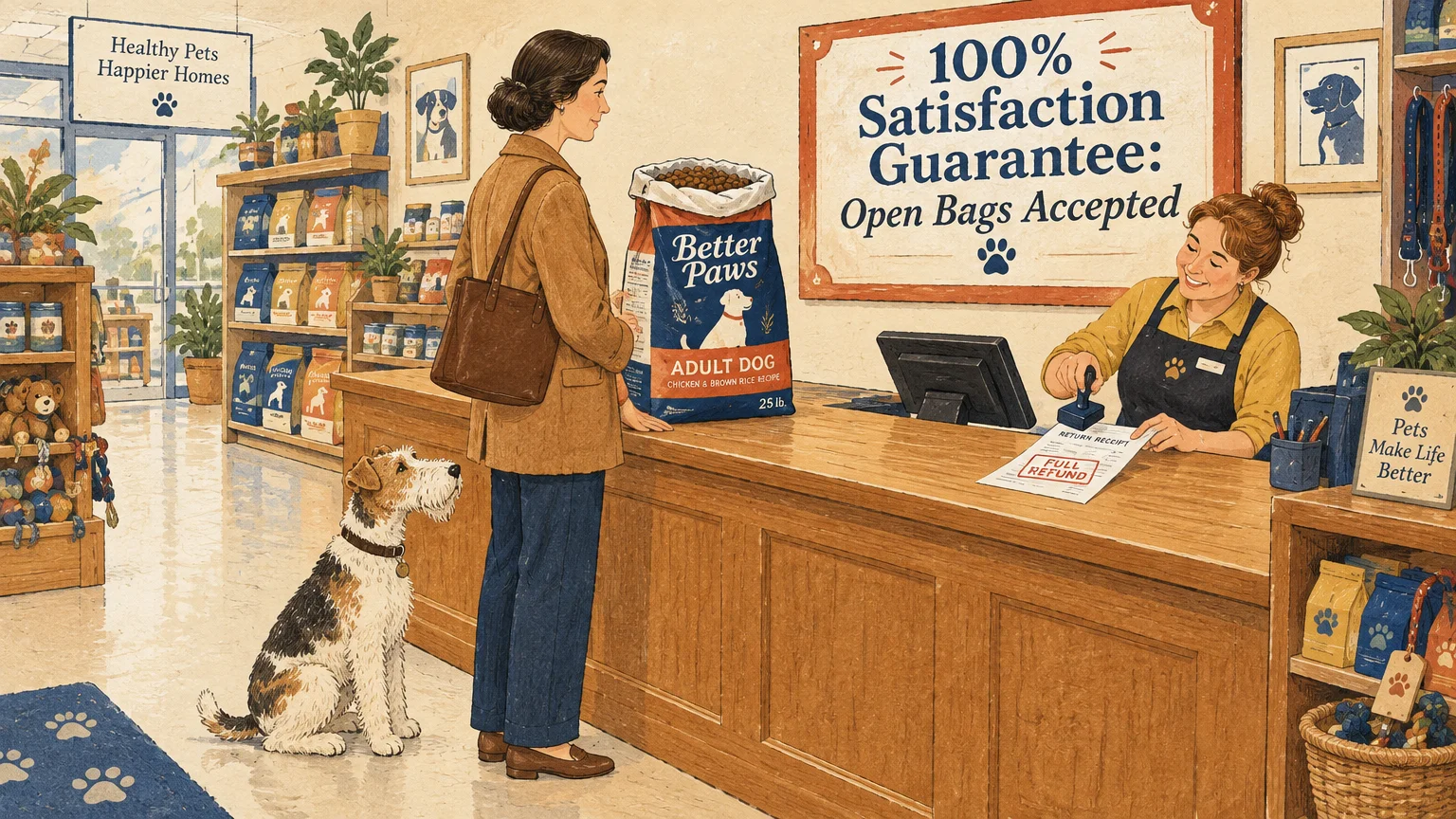 A woman returns an open bag of dog food at a pet store counter while a cashier stamps a full refund receipt.