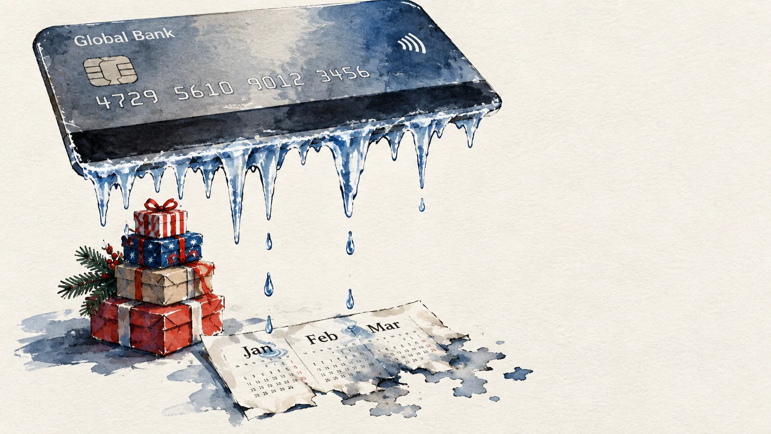 Watercolor illustration of a frozen credit card with dripping icicles above wrapped gift boxes and a winter calendar.