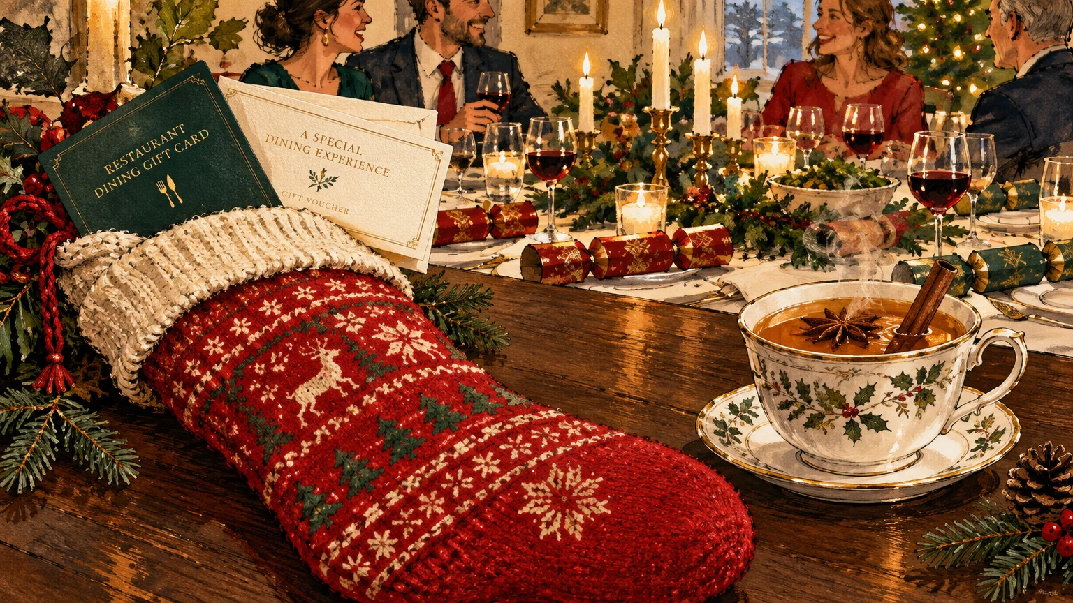 Illustration of a Christmas stocking with dining gift cards and tea on a table before people eating dinner.